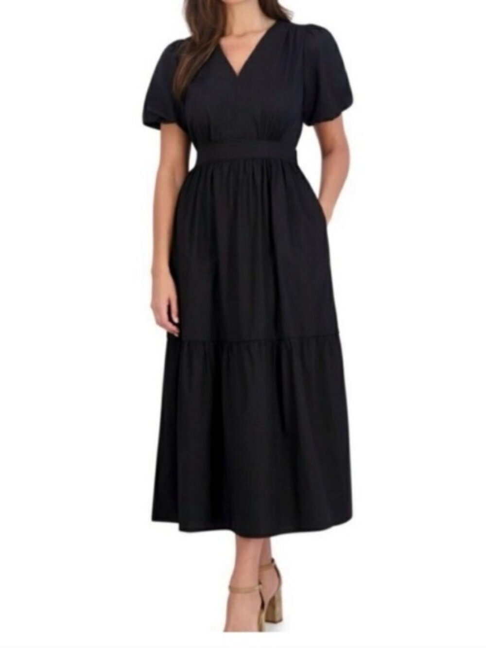 French Connection Black Maxi Dress with Puff Sleeves